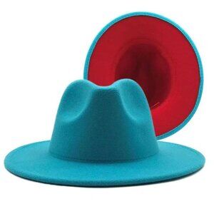 Turquoise Fedora Hat – Wide Brim with Red Underbrim